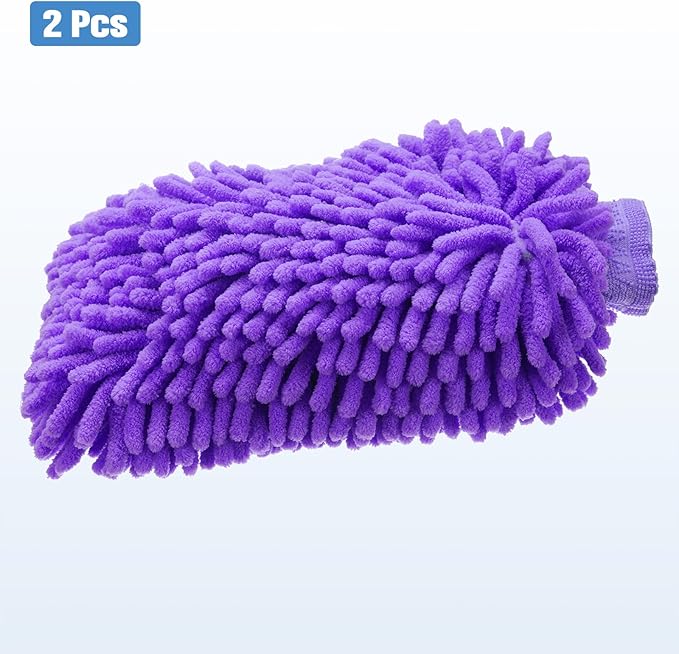 HARFINGTON 2pcs Chenille Microfiber Car Wash Mitts 10" x 7.5" Scratch Free Wash Gloves Absorbent Double Sided Plush Cleaning Drying Mitts for Car Washing Home Clean Purple