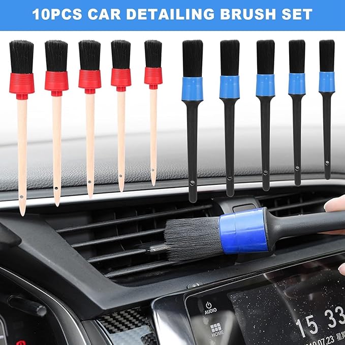 Car Detailing Brush Set - Premium Car Wash Brushes for Wheels, Interior & Exterior Cleaning, Includes Plastic & Wood Brushes for Dashboard Care