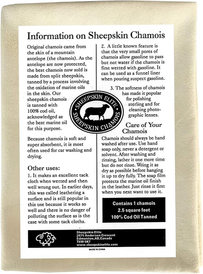 SHEEPSKIN ELITE Chamois Drying Cloth Car Drying Towel Real Leather Super Absorbent Fast Drying Natural Chamois Car Wash Cloth Accessory (2.5 sq. ft.)