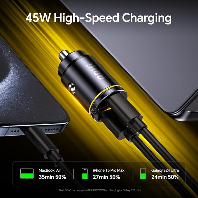 AOHI USB C Car Charger, PD 45W&QC 30W 2 Port Type-C Fast Charging Car Charger Lighter for MacBook Pro/Air, iPhone 17/16 /15Series, Galaxy S24 / S23, iPad Pro, AirPods and More