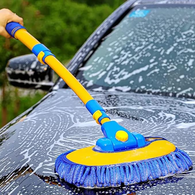 15° Curved Car Wash Brush with 43" Telescopic Handle – Microfiber Chenille Car Wash Mop for RV, SUV, Truck & Boat – Soft, Scratch-Free Extendable Cleaning Tool (Blue&Yellow)