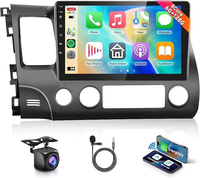 8 CORE 6G+128G Car Stereo Radio for Honda Civic 2006-2011 with Wireless CarPlay Android Auto, 10.1 Inch 1280 * 720P IPS Touch Screen Head Unit Android 13 GPS WiFi Bluetooth 32-Band DSP SWC HD Camera
