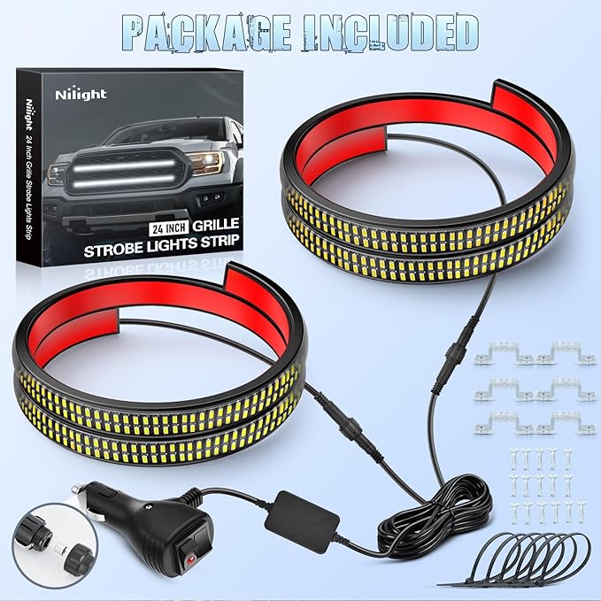 Nilight 2PCS 24 inch Truck Grille Strobe Lights Strip 384 LED Emergency Light White Flexible Side Flashing Warning Caution Safety Waterproof Lighting Kit for Trucks Tow Plow Construction Vehicles