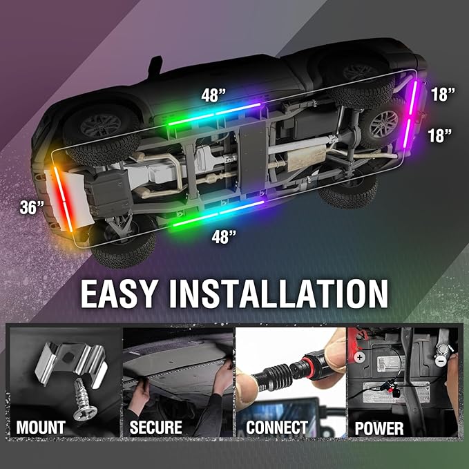 OPT7 Aura DreamColor Underglow Chasing Lights for Car with APP & Remote Control, Waterproof Rigid Aluminum LED Light Bar, 12V Exterior Neon Accent Underbody RGBIC Lighting Kit, Multicolor Car Decor
