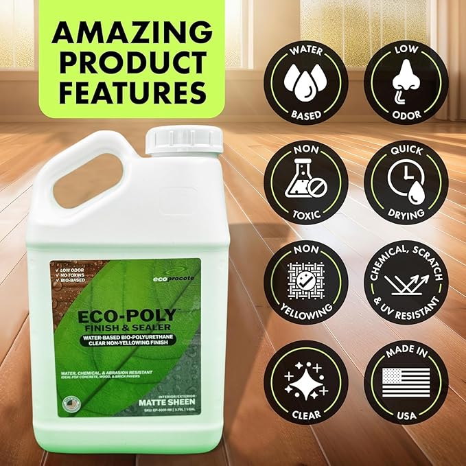 Eco-Poly Polyurethane Sealer — Non-Toxic, Low Odor, Quick-Dry Water Based Protective Spar Varnish for Indoor & Outdoor, Clear Matte 1 Gallon Polyurethane Sealant for Wood, Concrete, Multiple Surfaces