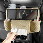 zipelo Car Handbag Holder Between Seats, PU Leather Multi-Pocket Large Capacity Purse Holder, Auto Net Bag Barrier of Backseat Pet Kids, Car Seat Organizers and Storage for Cargo Tissue Cup (Beige)