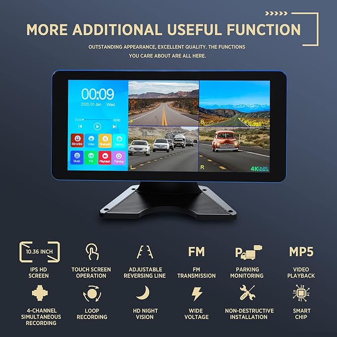 ASLONG 4CH Dash Cam Backup Camera with 9.36" Quad Split Touch Screen & 4 AHD Front Rear Sides View Camera with DVR Recording Avoid Blind Suitable for RV Semi Van Trailer Truck