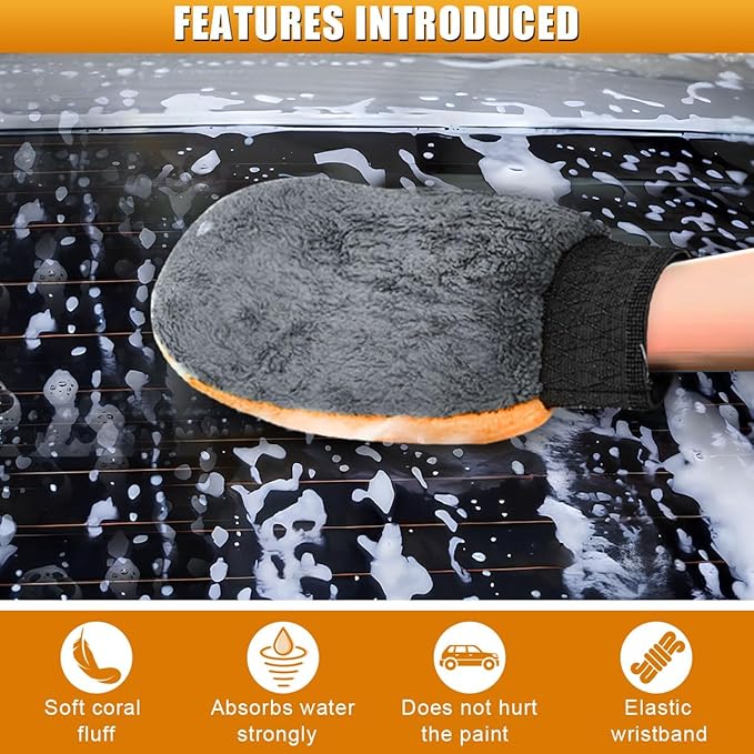 2PCS Car Wash Mitt, Coral Fleece Microfiber Dusting Mitt, No Scratch No Lint Cleaning Glove with Elastic Wrist Cuff, Reusable Car Washing and Detailing Supplies (Palm)