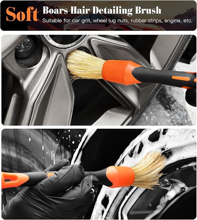 YeewayVeh 7PCS Motorcycle Cleaning Kit with 2-Size Bendable Wheel Brushes-Hard Reach Brush,Tire and Chain Brush, Boar Hair Detailing Brush, Wash Mitt & Microfiber Towel for Dirt Bike & Car Wheels