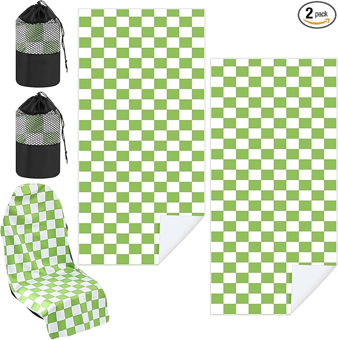 Hahafelt 2 Pack Car Seat Towel Covers with Storage Bag, 63 x 32 Inch Universal Non Slip Waterproof Sweat Protector for Car Truck, Gym Swimming Running, Machine Washable (Green and White Plaid)