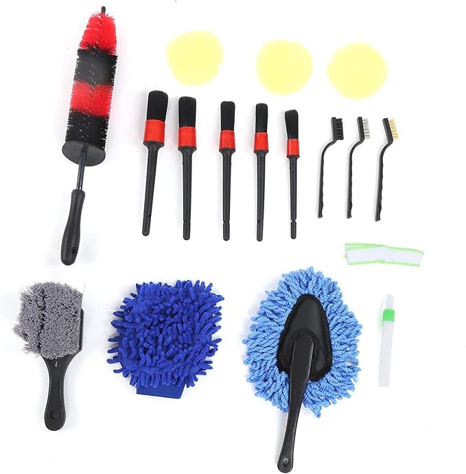 17Pcs Detailing Brush Set, Wheel Rim Cleaning Kit, Car Truck Interior Exterior Air Vents Emblems Scrub Tool with Long Wheel Brush, Detail Brushes, Steel Wire Brushes for Hard to Re