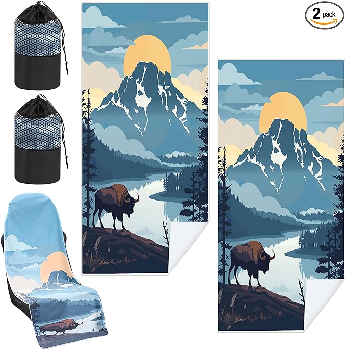 Hahafelt 2 Pack Car Seat Towel Covers with Storage Bag, 63 x 32 Inch Universal Non Slip Waterproof Sweat Protector for Car Truck, Gym Swimming Running, Machine Washable (Yellowstone National Park)
