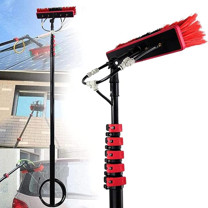 Telescopic Rod Cleaning Brush,Glass Cleaning Brushmulti-Purpose Photovoltaic Panel Cleaning Tool Water Spray Brush for Solar Photovoltaic Panel is Windows Washing,7.2M (9M)