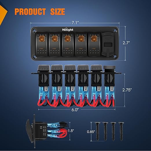 Nilight 5 Gang Rocker Switch Panel with PD Type C and USB Charger Voltmeter 12V SPST ON Off Toggle Switches w/Orange Backlit Waterproof Aluminum for Boats Cars RVs Trucks