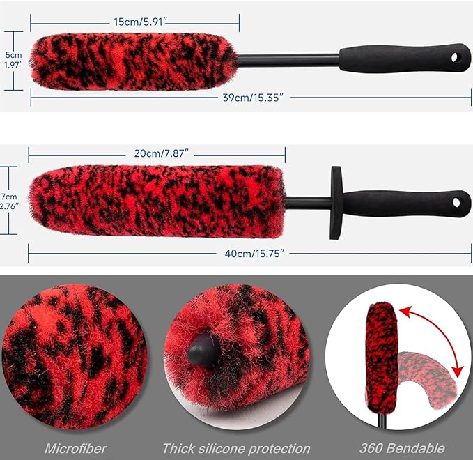 4PCS Wheel Brush Kit for Cleaning Wheel and Tire, Wheel and Rim Brush, Car Detailing Brushes, 360 Degree Bendable & Durable Car Wheel Rim Cleaner Brush Set (Red)