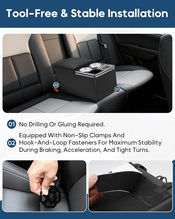Upgraded Center Console, Wireless Charging Phone Holder & Cup Holders Armrest Organizer for Car Minivan Truck Van, Universal Rear Bench Seat Storage Box with 7 Modes LED Light