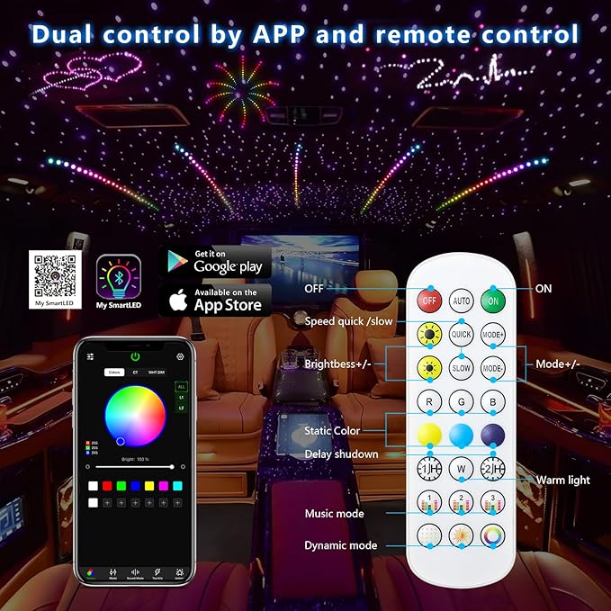WEBUPAR 3.2W 6LEDs Meteor Starlight Headliner Kit, 360pcs 0.01in 6.56ft, RGBW Shooting Stars Fiber Optic Lights with Bluetooth APP Control for Car/Home Theater