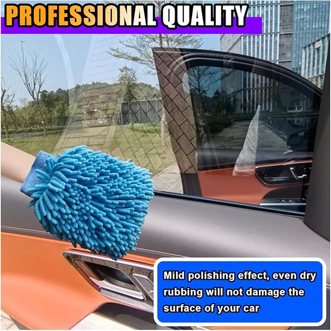 JOYCOURT 2PCS Microfiber Soft Chenille Car Wash Mitts, Scratch and Lint Free Car Dusting Glove, Double Sided Wash Mitt, Ultra Absorbent for Car Washing, Home Cleaning Mitt (Blue&Yellow)