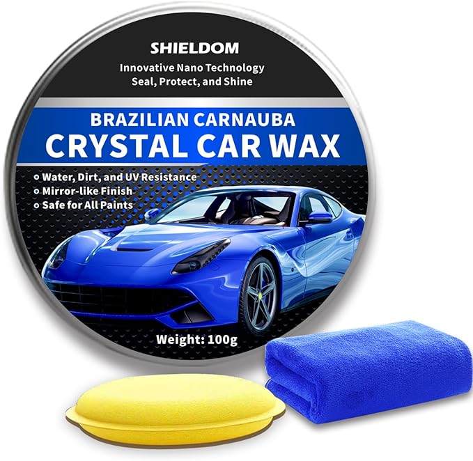 SHIELDOM Car Wax Polish Ceramic Coating Carnauba Wax Extra Gloss Paint Sealant Polishing Long Lasting Shine Hydrophobic for Cars, Trucks, SUVs, RVs with Microfiber Towel & Applicator Pad - 3.5oz/100g
