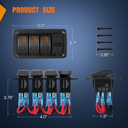 Nilight 3 Gang Rocker Switch Panel with PD Type C and USB Charger Voltmeter 12V SPST ON Off Toggle Switches with Orange Backlit Waterproof Aluminum for Boats Cars RVs Trucks