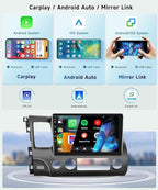 8 CORE 4G+64G Car Radio Stereo for Honda Civic 2006-2011 with Wireless CarPlay/Android Auto, 10.1 Inch 1280 * 720P IPS Touch Screen Android 13 GPS WiFi Bluetooth 32-Band DSP HD Rear Camera