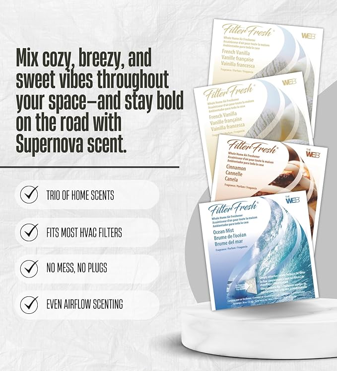 2x Web FilterFresh French Vanilla, Ocean Mist, and Cinnamon Scent Air Fresheners 0.8 oz Gel Bundle with Car Air Freshener – Attaches to HVAC Filters for Whole Home and Car Use – Gift Set (5 Items)
