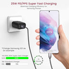 Super Fast Charger Type C Kit, VELOGK 25W PD PPS USB C Wall/Car Charger for Samsung Galaxy S24/S23 Ultra/S23+/S23/S22/S21/S20/Plus/Ultra/FE/Note 20/A71, iPad Pro, with 2X Nylon USB C-to-C Cable(6.6ft)