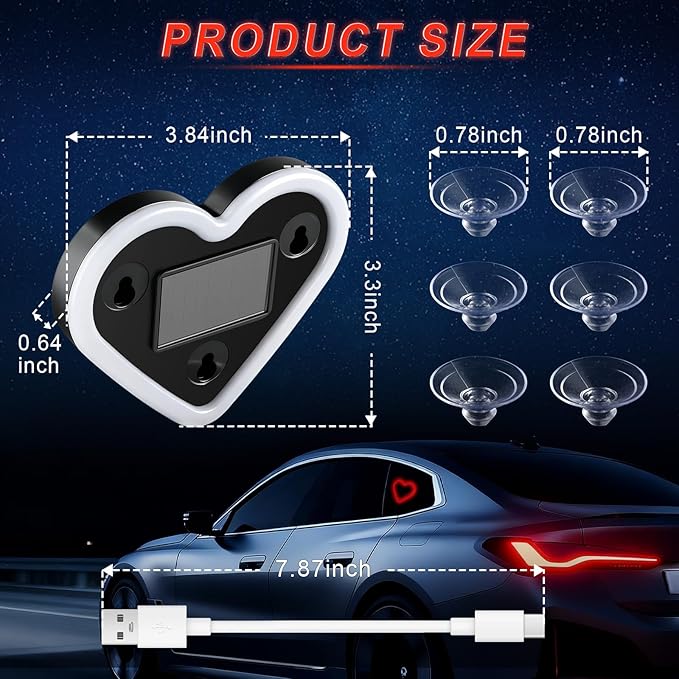 iFunyLED Car LED Interior Lights, Heart-Shaped Ambient Light for Windows, 5 Lighting Modes, Charging Through Type-c and Solar Energy, Car Decorations for Women Men, Pack of 2, (Red)