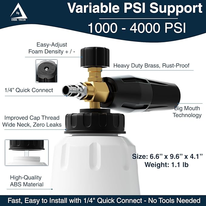 DBR Tech® Foam Cannon for Pressure Washer | Pro-Grade, 1.1mm Orifice, 1000-4000 PSI, Black
