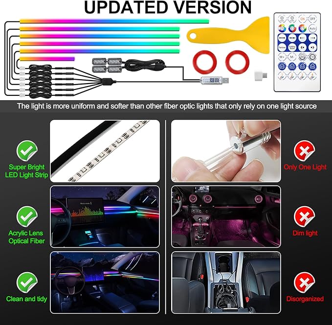 Dreamcolor Acrylic Interior Car LED Strip Light with USB/Type C, 10 in 1 with 179.24 inches 610 LEDs Ambient Lighting Kits, Sound Active Function Neon Accessories