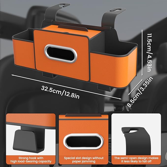 Multifunctional 3‑in‑1 Car Seat Back Storage Box Organizer with Cup Holders, Tissue Box Slot & Headrest Hooks – Backseat Car Organizer for Phones, Snacks, Drinks, Bags, Travel Storage (Black)