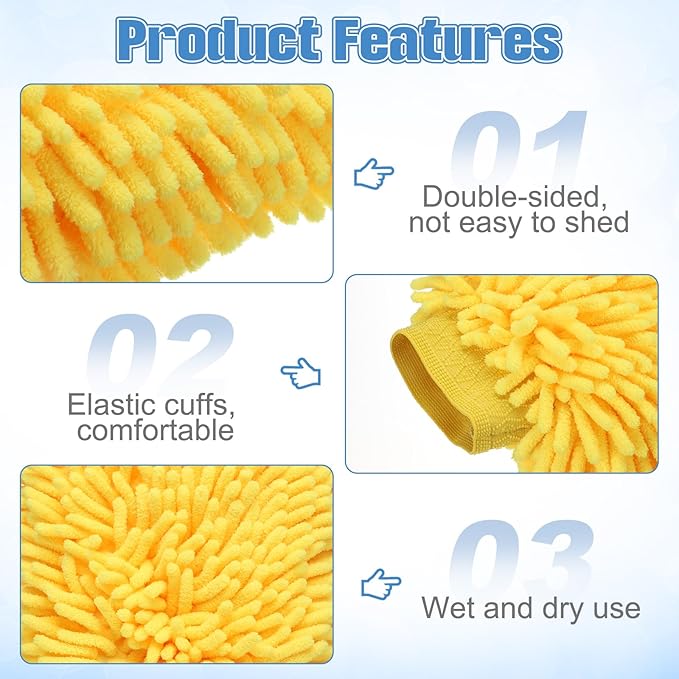 HARFINGTON 4pcs Chenille Microfiber Car Wash Mitts 9" x 5.5" Scratch Free Wash Gloves Absorbent Double Sided Plush Cleaning Drying Mitts for Car Washing Home Clean Blue Yellow