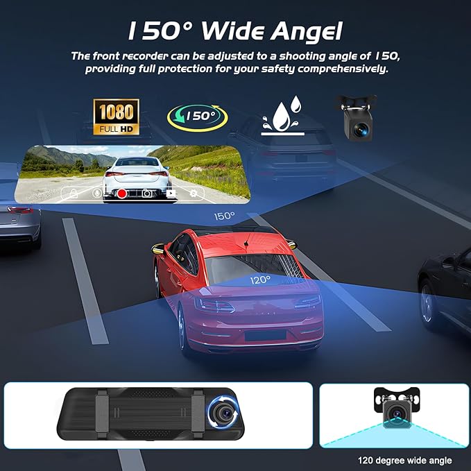 9.66 Inch Rear View Mirror Camera - 4K Mirror Dash Cam Front and Rear with 1080P Rear Camera - Full Touch Screen Mirror Camera for Car with WiFi&APP Control Parking Monitor Night Vision + 64GB Card
