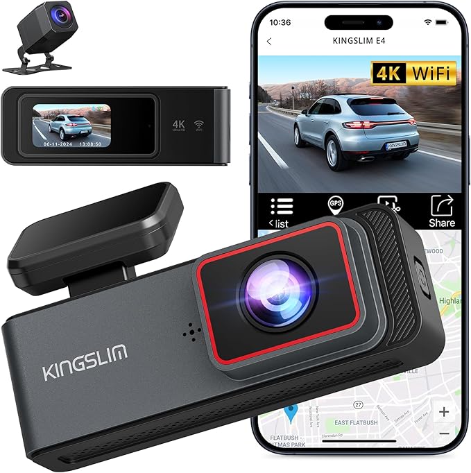 Dash Cam Front and Rear Camera 4K+1080P, Kingslim Dash Camera for Cars Built-in WiFi APP, Mini Car Camera with Night Vision, 24H Parking Monitor, Loop Recording, G-Sensor