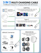 2Pack Multi Charging Cable Cord for Travel Essentials,Apple Watch Charger,iPhone Charger,[3-in-2] Type C/L Cable Portable Designed for iWatch,iPhone 17-8,Galaxy S25-21,AirPods,iPad-4FT Green
