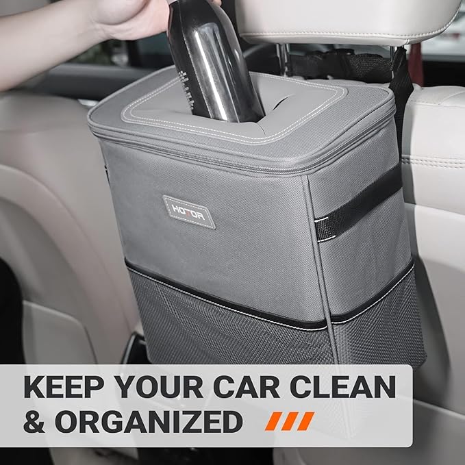 HOTOR Car Trash Can, Multifunctional Car Accessory for Interior Car Stuff Storage with Compact Design, Waterproof Car Organizer and Storage with Adjustable Straps, Magnetic Snaps, 2 Gallons, Gray