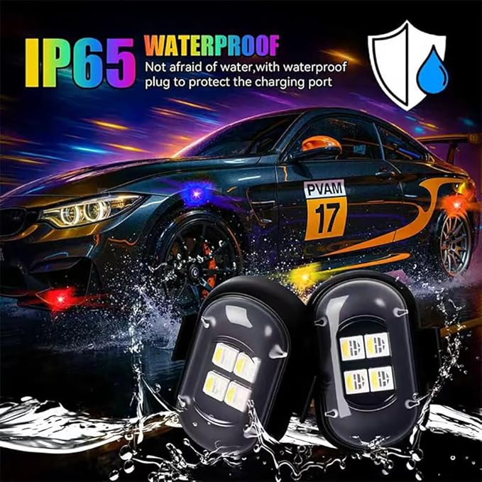 Upgraded Wireless Car Lights with Remote Control，Rechargeable Waterproof 8-Color Interior Car Light, Car Lights Anti-Collision Warning Lights for Vehicle Drone Motorcycle Bike