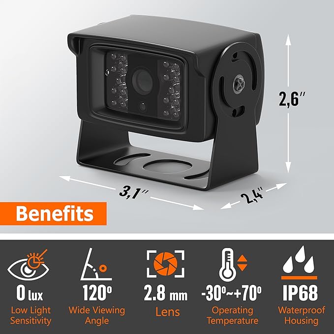 Heavy Duty Truck RCA Backup Camera with Night Vision, IP68 Waterproof & CCD Sensor - Rear View Camera for RV, Trailer, Bus, Van, Excavator - Includes RCA (CVBS) Cable