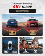 4K Dash Cam Front and Rear, Dash Camera for Cars 2 Channel 5.8GHz WiFi6 HDR Night Vision Dash Cam Built-in GPS, G-Sensor, Loop Recording, 170°Wide Angle, 24H Parking Mode