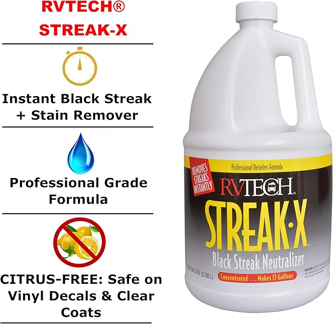 RVTECH Streak-X Instant RV Black Streak Remover - Stain Bird Dropping Smoke Soot Sap Brake Dust Tar Pro-Strength Cleaner Wash | 1 Gallon