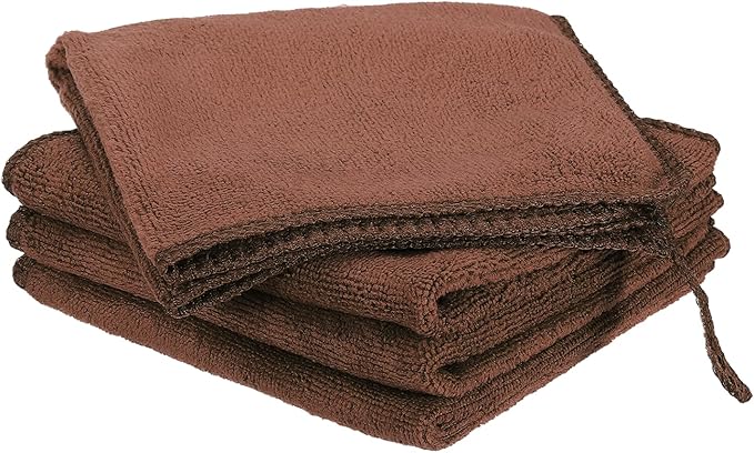 HARFINGTON 4 Pack Microfiber Cleaning Cloth, 12" x 12" Multi-Functional Cleaning Towels Reusable Absorbent Rags with Hook for Car Wash Kitchen Household Window Clean, Brown