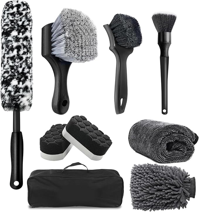 9PCS Car Wheel Tire Brush Kit, Tire Brush, Wheel Cleaner Brush, Soft-bristled Rim Cleaner Brush, Car Towel,Microfiber Bendable Brush Tire Shine Applicator Pad, Car Detailing Brushes Supplies Kit