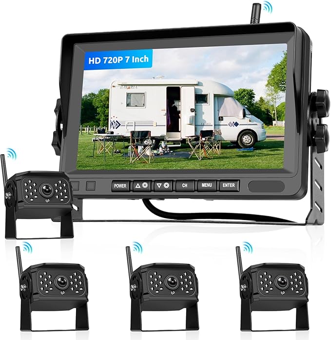 Hodozzy Wireless Backup Camera System Kit, 7 Inch IPS Reversing Monitor with IP68 Waterproof, Quad Split Recording, Night Vision, Manual Zoom,4 Backup Cameras for RV Truck/Trailer/Pickup/Camper
