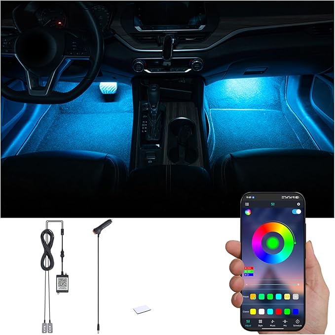 RGB Car Footwell Ambient Lighting Kit 16.7 Millions Colors Sound Active Music Sync APP Control Cigarette Lighter Car Interior Multicolored Footwell Atmosphere Light
