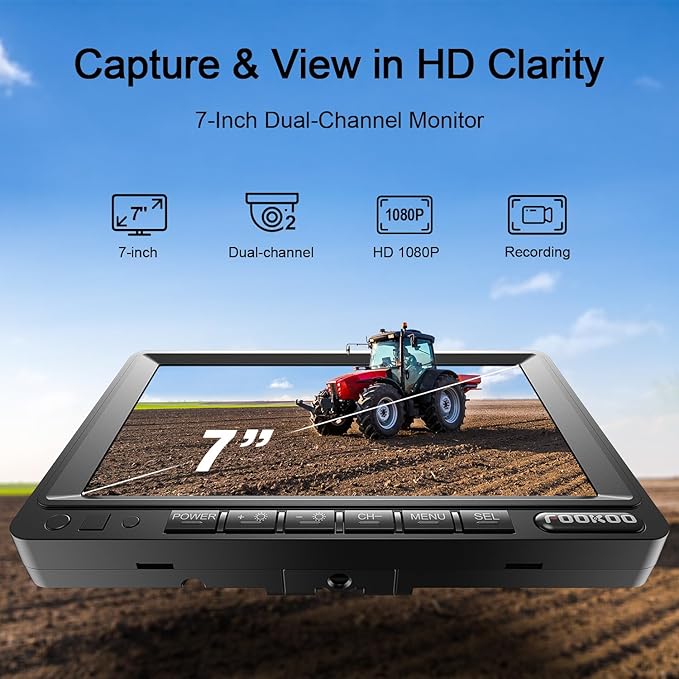 Fookoo 7" HD 1080P Wired Backup Camera System, IP69 Waterproof Vibration-Proof Rear View Camera IR Night Vision Dual Split Screen for Tractor/Excavator/Truck/Skid Steer/Harvester/Caravan - DY701