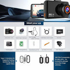 Dash Cam Front and Rear, 4K HD Dash Cam for Cars Built-in WiFi, Car Camera with Night Vision, 64GB Card, 170°Wide Angle, WDR, 3" IPS Screen, Loop Recording, G-Sensor, 24 H P Monitor (K9)