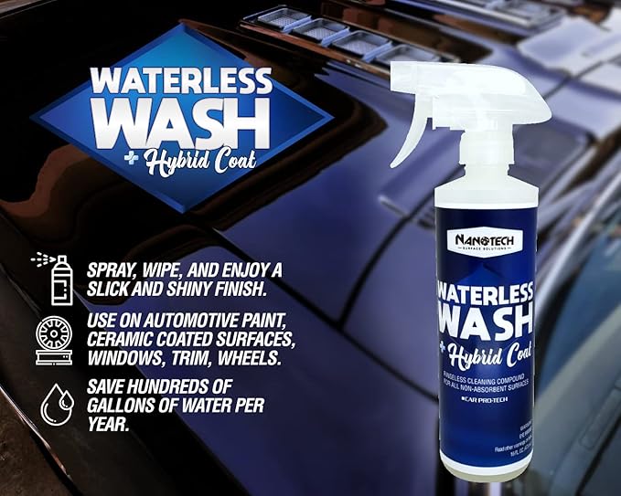 Nanotech Surface Solutions Waterless Car Wash & Hybrid Coat - Rinse less Car Wash Polish Ceramic Spray - Leaves Glossy Slick Finish - Paint Sealant Detail Protection (16 Oz.)
