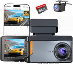 4K Dual Channel Dash Cam Front and Rear, Free 64GB Card Included, 5.8GHz WiFi Dash Camera for Cars, Built-in GPS, G-Sensor, 170°Wide Angle, 3" IPS Screen, 24H Parking Mode, Support 512GB Max