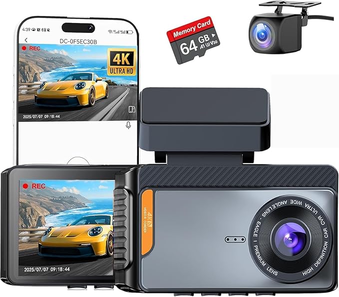 4K Dual Channel Dash Cam Front and Rear, Free 64GB Card Included, 5.8GHz WiFi Dash Camera for Cars, Built-in GPS, G-Sensor, 170°Wide Angle, 3" IPS Screen, 24H Parking Mode, Support 512GB Max