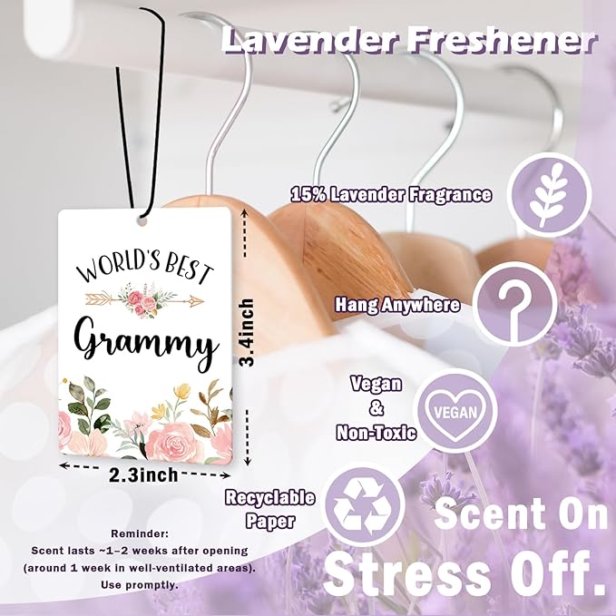 Grammy Grandma Gifts Car Air Freshener Accessories 3pcs,World's Best Gifts for Granmda Christmas, Pink Flower Rustic Hanging Scent Lavender Fragrance Card for Women Closet Bathroom Home Decor